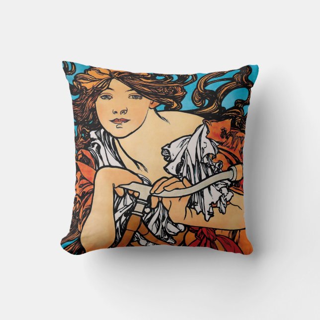 Alphonse Mucha - Cycles Perfecta Retro Art Nouveau Kudde (Framsida)