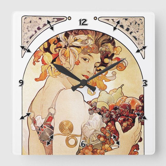 Alphonse Mucha Dam med frukt Fyrkantig Klocka (Framsida)