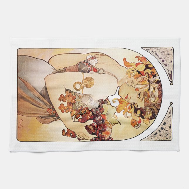 Alphonse Mucha Dam med frukt Kökshandduk (Horisontell)
