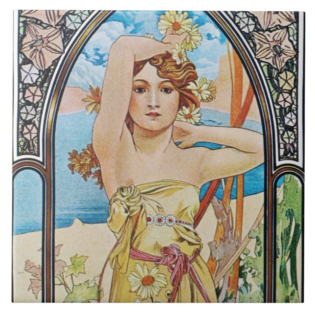 Alphonse Mucha Daybroke Tile Trivet Gift Box Kakelplatta (Framsidan)