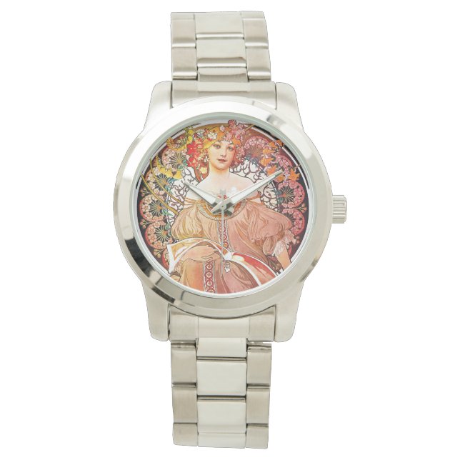 Alphonse Mucha Daydröm Blommigt Vintage Art nouvea Armbandsur (Framsida)
