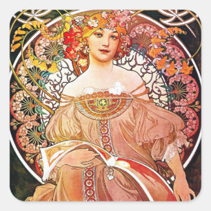 Alphonse Mucha Daydröm Blommigt Vintage Art nouvea Fyrkantigt Klistermärke