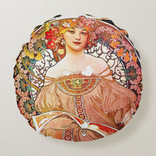 Alphonse Mucha Daydröm Blommigt Vintage Art nouvea Rund Kudde