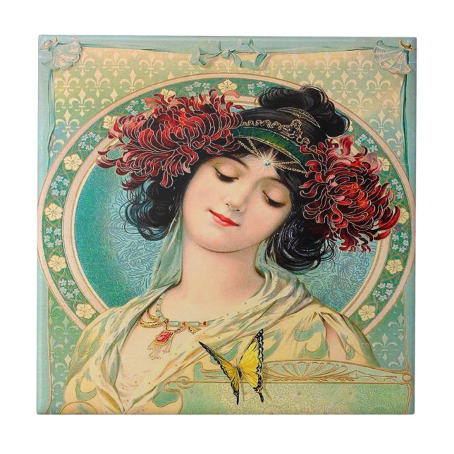 Alphonse Mucha Design Ceramic Tile. Kakelplatta (Framsidan)