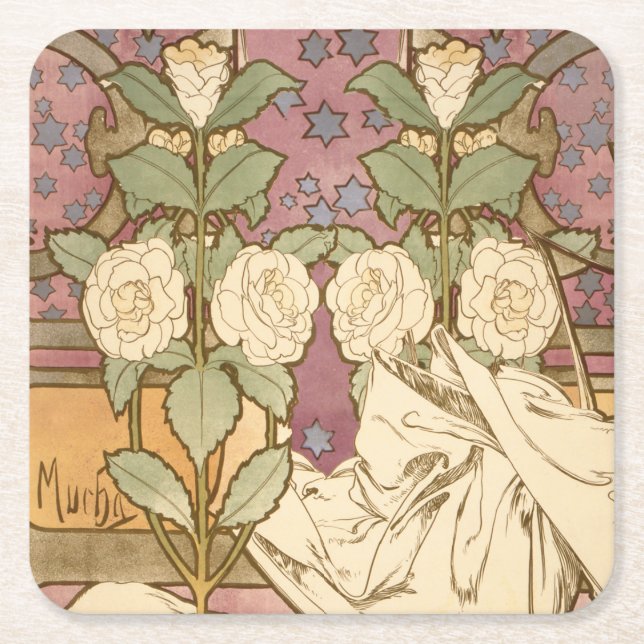 Alphonse Mucha Elegant Art Nouveau Stars Camellia  Underlägg Papper Kvadrat (Framsidan)
