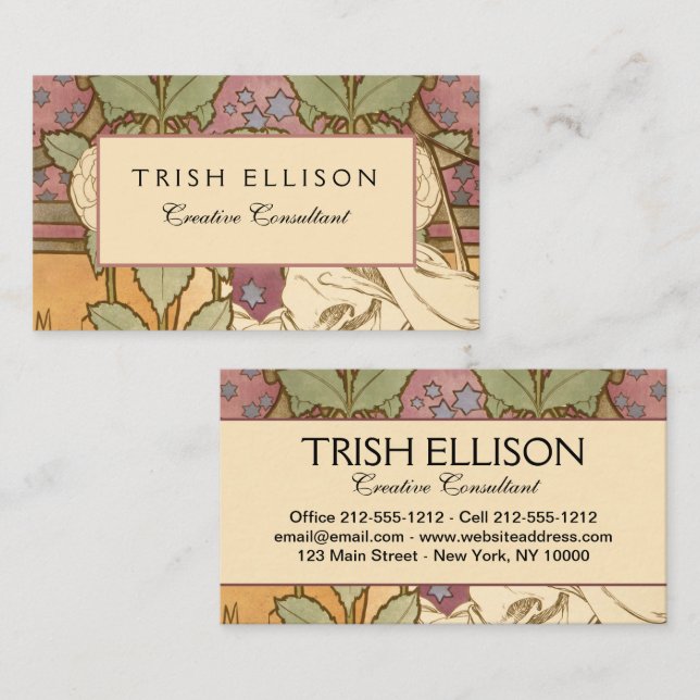 Alphonse Mucha Elegant Art Nouveau Stars Camellia  Visitkort (Fram/baksida)