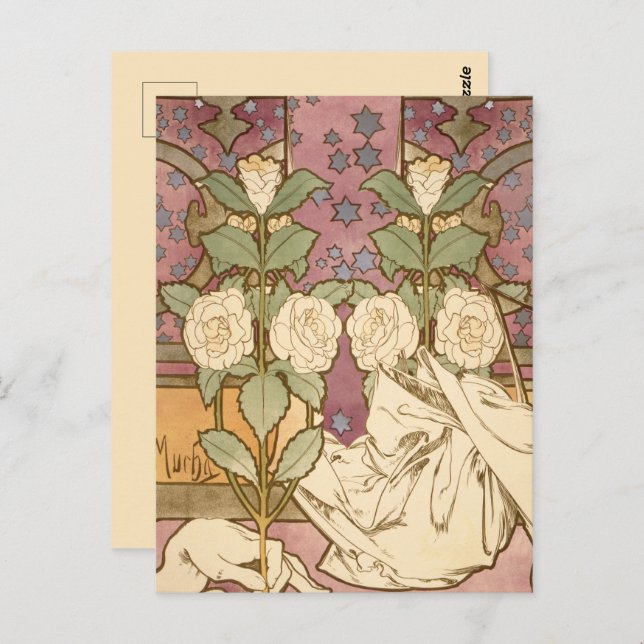 Alphonse Mucha Elegant Art nouveau Stars Camellia Vykort (Fram/baksida)