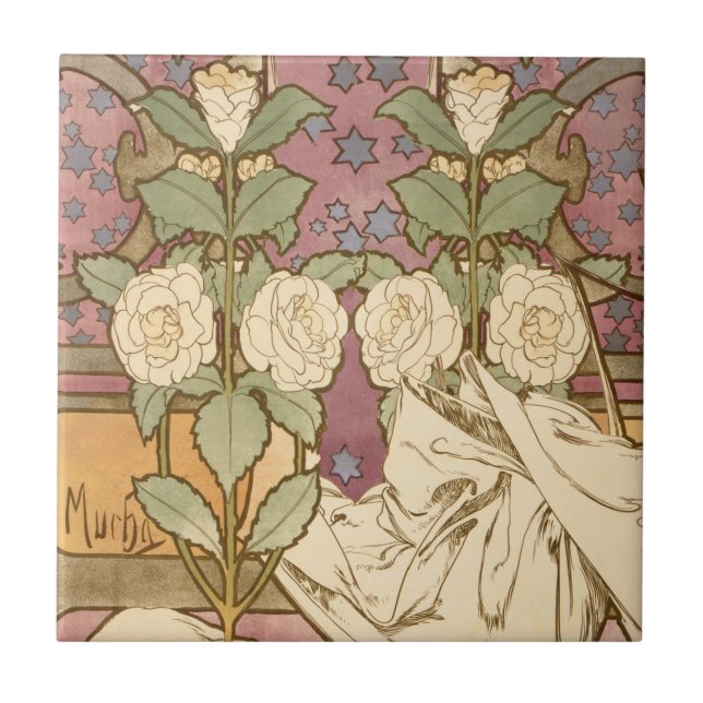 Alphonse Mucha Elegant Art Nouveau Stjärnor Kameli Kakelplatta (Framsidan)