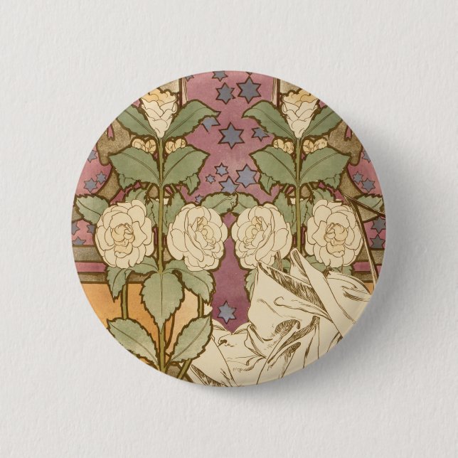 Alphonse Mucha Elegant Art Nouveau Stjärnor Kameli Knapp (Framsida)