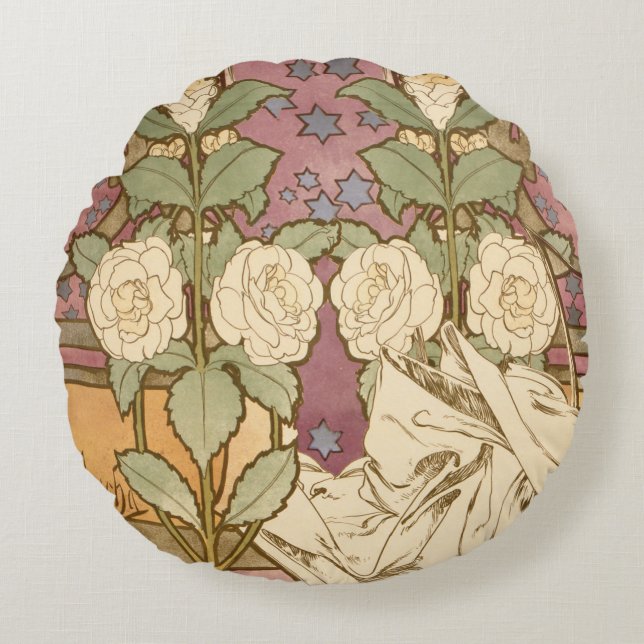 Alphonse Mucha Elegant Art Nouveau Stjärnor Kameli Rund Kudde (Framsidan)