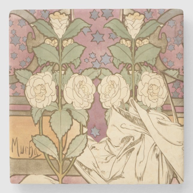 Alphonse Mucha Elegant Art Nouveau Stjärnor Kameli Stenunderlägg (Framsidan)