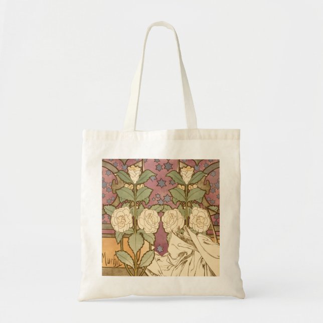 Alphonse Mucha Elegant Art Nouveau Stjärnor Kameli Tygkasse (Framsidan)