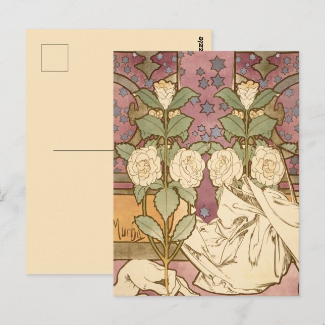 Alphonse Mucha Elegant Art Nouveau Stjärnor Kameli Vykort (Fram/baksida)