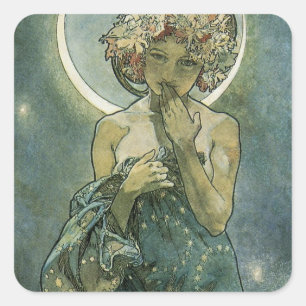 Alphonse Mucha fantastisk Art Nouveau-kvinna #18 Fyrkantigt Klistermärke