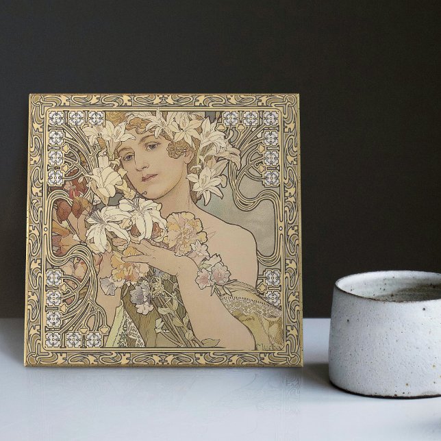 Alphonse Mucha Flowers Art nouveau Vintage Kakelplatta (Skapare uppladdad)