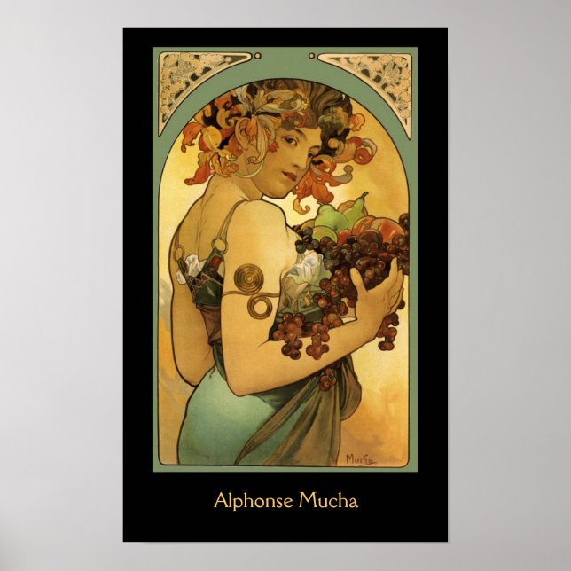 Alphonse Mucha Fruit Painting på svart Poster (Framsidan)