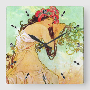 Alphonse Mucha Girl by Pond Fyrkantig Klocka