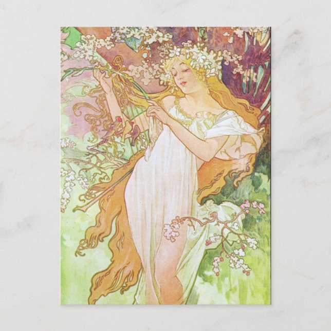 Alphonse Mucha Girl In Garden Art Nouveau Artwork  Vykort (Framsida)