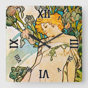 Alphonse Mucha - Iris WB Fyrkantig Klocka