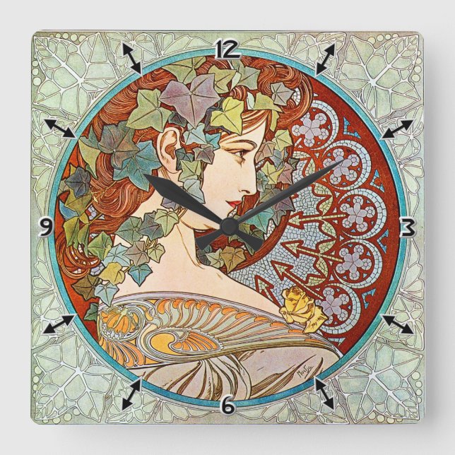 Alphonse Mucha Ivy Fyrkantig Klocka (Framsida)