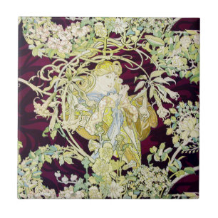 Alphonse Mucha Kvinna med tusensköna Art Nouveau K Kakelplatta