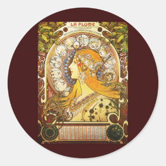 Alphonse Mucha La Plume Runt Klistermärke