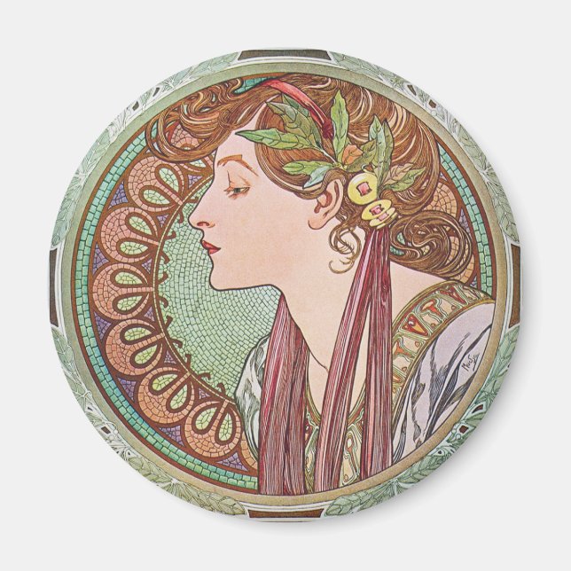 Alphonse Mucha Laurel Art nouveau Round Magnet (Framsidan)