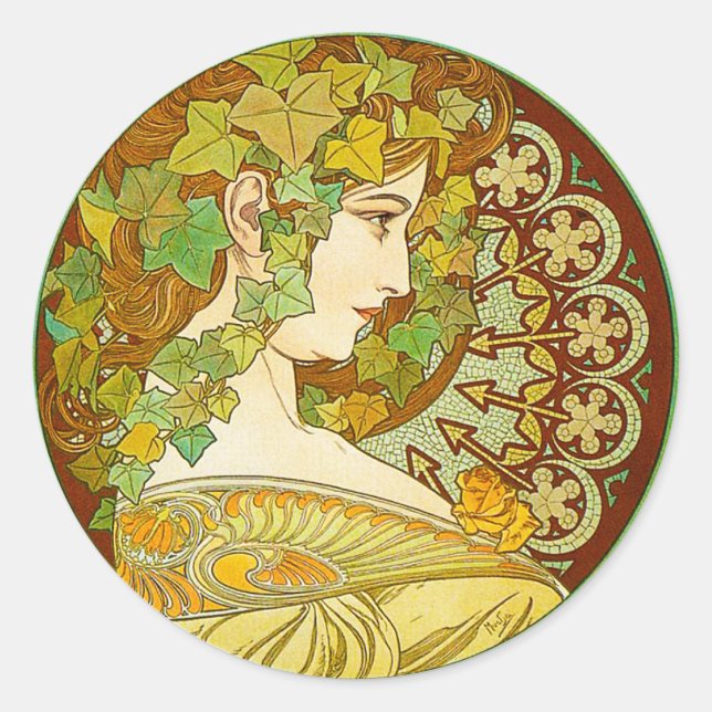 Alphonse Mucha Laurel Stickers Runt Klistermärke (Framsida)