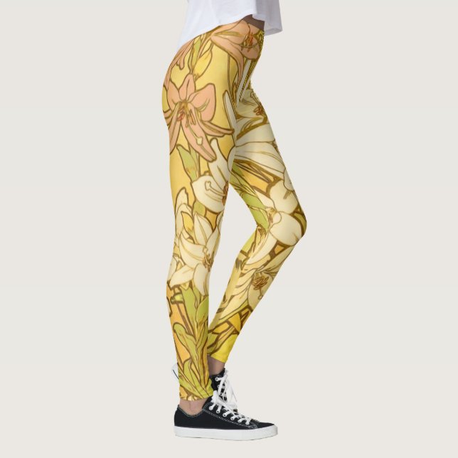 Alphonse Mucha Lily Blommönster: Art Nouveau  Leggings (Höger)