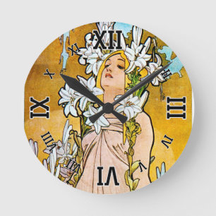 Alphonse Mucha - Lily - White Gräns Rund Klocka