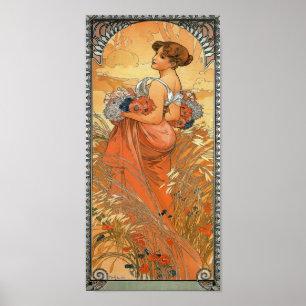 Alphonse Mucha målning - kvinnainnehavblommor Poster