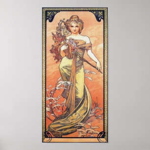 Alphonse Mucha målning - kvinnainnehavblommor Poster