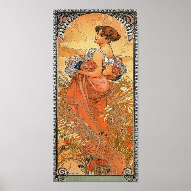 Alphonse Mucha Painting - Woman Holding Flowers Poster (Framsidan)