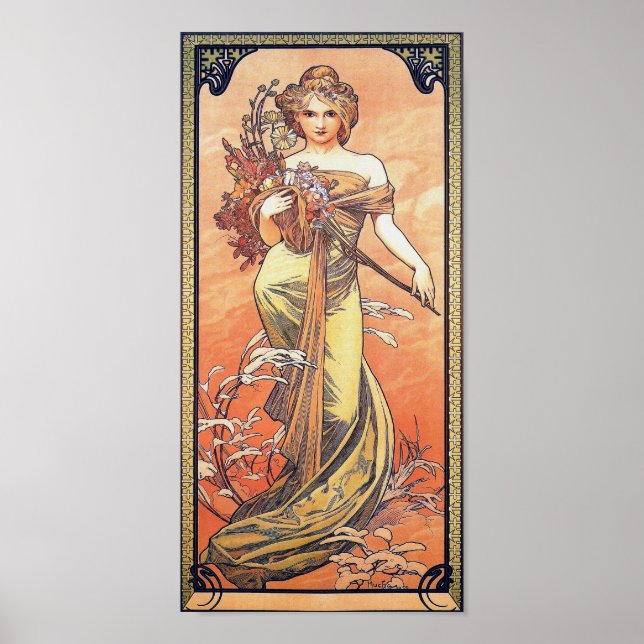 Alphonse Mucha Painting - Woman Holding Flowers Poster (Framsidan)