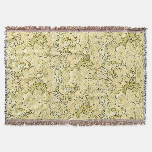 Alphonse Mucha Peonier Art Nouveau Blommönster Filt (Framsidan)