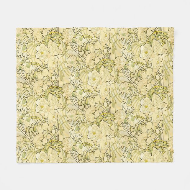 Alphonse Mucha Peonier Art Nouveau Blommönster Fleecefilt (Framsidan (Horisontell))