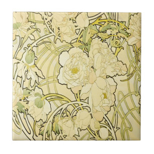 Alphonse Mucha Peonier Art Nouveau Blommönster Kakelplatta