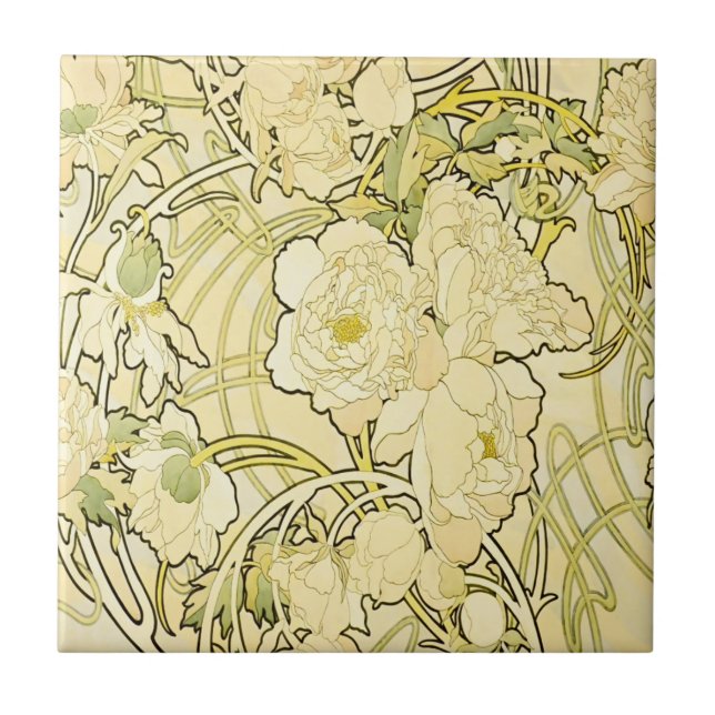 Alphonse Mucha Peonier Art Nouveau Blommönster Kakelplatta (Framsidan)