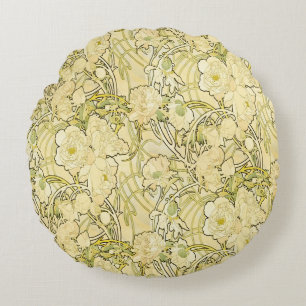 Alphonse Mucha Peonier Art Nouveau Blommönster Rund Kudde