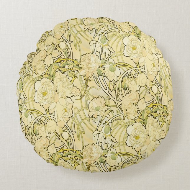 Alphonse Mucha Peonier Art Nouveau Blommönster Rund Kudde (Framsidan)
