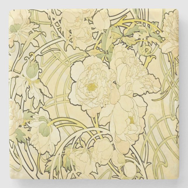 Alphonse Mucha Peonier Art Nouveau Blommönster Stenunderlägg (Framsidan)