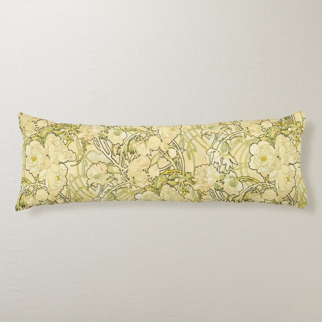 Alphonse Mucha Peonies Art Nouveau Blommönster Kroppskudde (Framsidan)