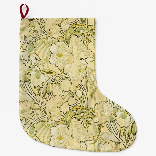 Alphonse Mucha Peonies Art Nouveau Blommönster Stor Julstrumpa (Framsidan)