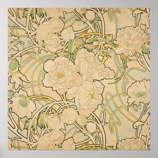 Alphonse Mucha Peonies Peony Ro Fawn 1897 Poster (Framsidan)