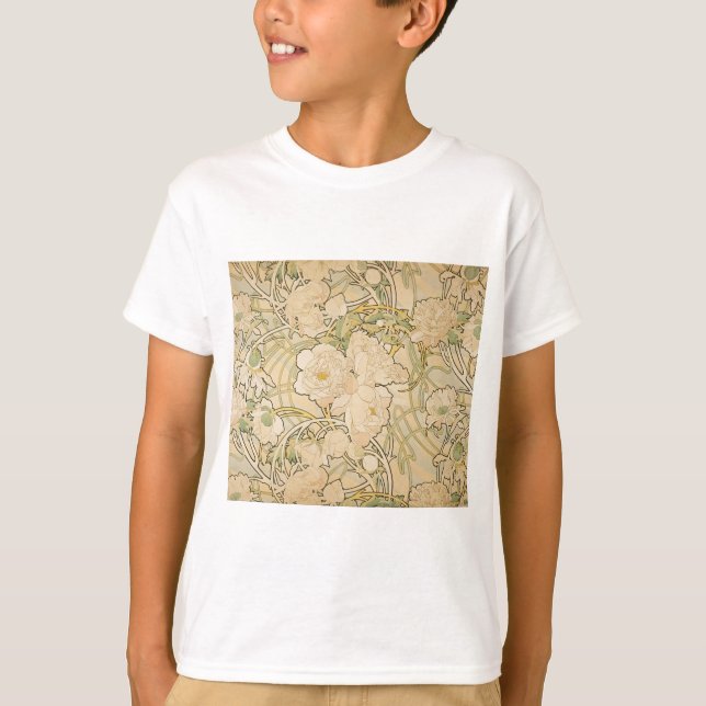 Alphonse Mucha Peonies Peony Ro Fawn 1897 T Shirt (Framsida)