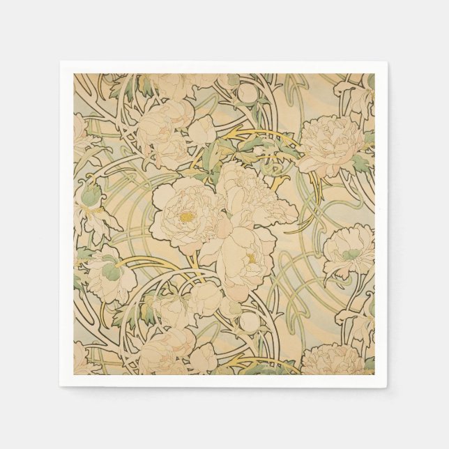 Alphonse Mucha Peonies Pion Rosor Fawn 1897 Pappersservett (Framsidan)