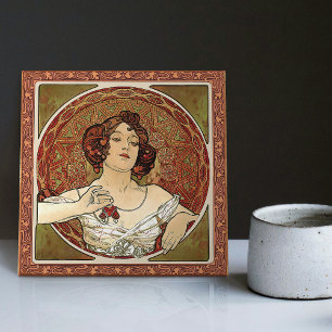 Alphonse Mucha ’Ruby’ Red Art nouveau Vintage Kakelplatta