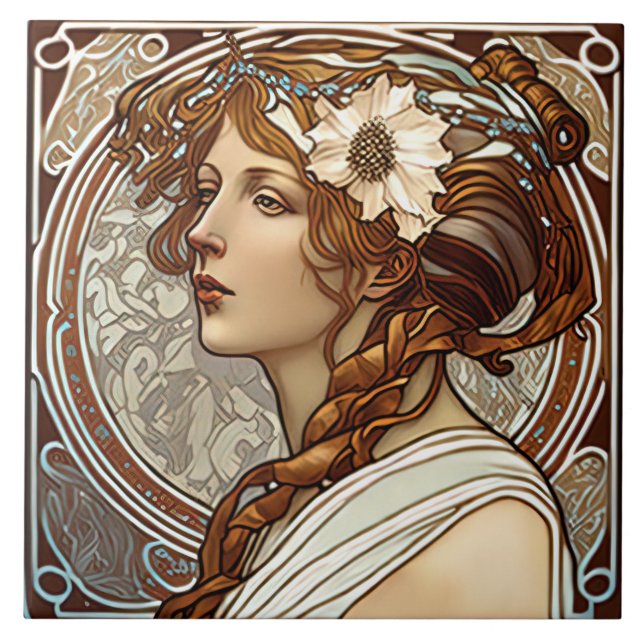 Alphonse Mucha Sarah Bernhardt Art nouveau Ceramic Kakelplatta (Framsidan)