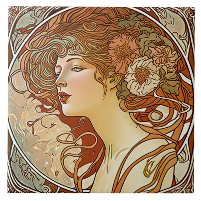 Alphonse Mucha Sarah Bernhardt Art nouveau Ceramic Kakelplatta (Framsidan)