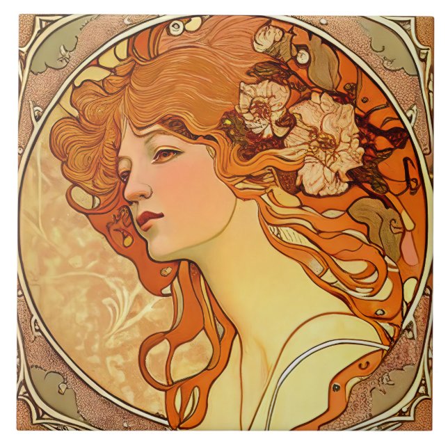 Alphonse Mucha Sarah Bernhardt Art nouveau Ceramic Kakelplatta (Framsidan)